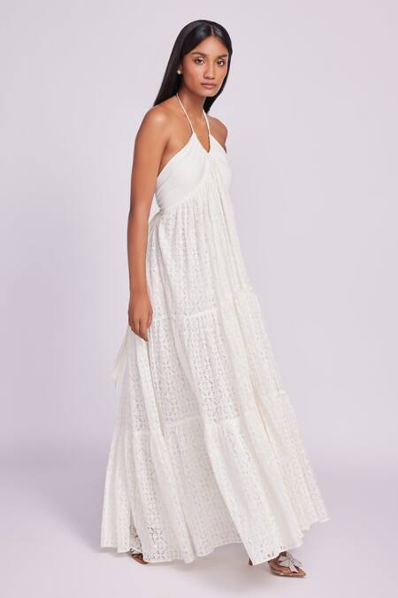 Dev And Viv White Cotton Lace Halter Neck Maxi Dress Online at Aza Fashions Dev And Viv_White Cotton Lace Halter Neck Maxi Dress _Online_at_Aza_Fashions