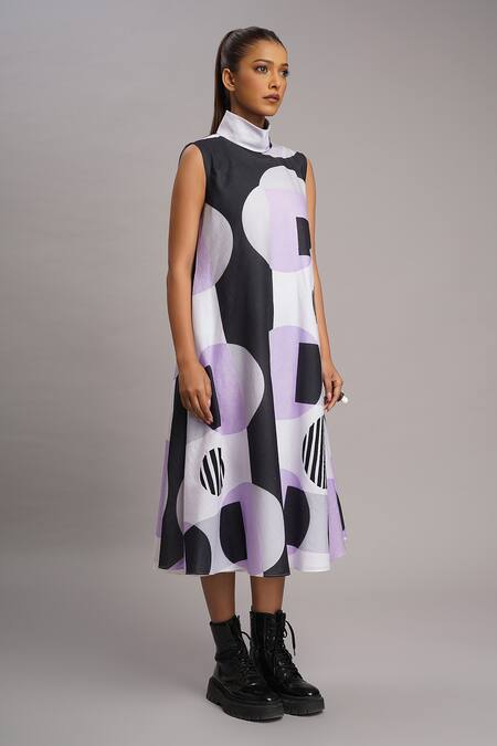 Taika By Poonam Bhagat_Purple Silk Embroidery High Neck Lilac Retro Print Dress _Online_at_Aza_Fashions