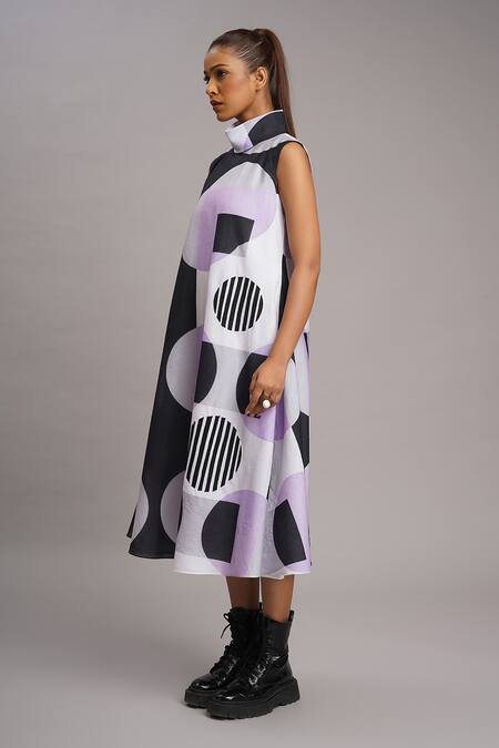 Buy_Taika By Poonam Bhagat_Purple Silk Embroidery High Neck Lilac Retro Print Dress _Online_at_Aza_Fashions