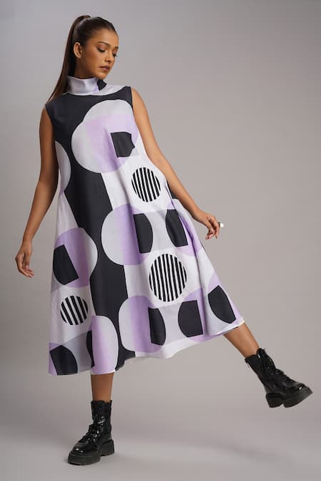 Shop_Taika By Poonam Bhagat_Purple Silk Embroidery High Neck Lilac Retro Print Dress _Online_at_Aza_Fashions