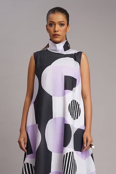 Taika By Poonam Bhagat_Purple Silk Embroidery High Neck Lilac Retro Print Dress _at_Aza_Fashions
