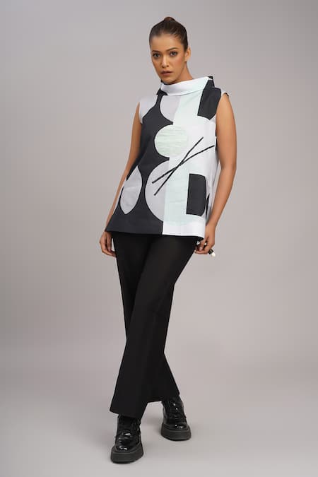 Taika By Poonam Bhagat Black Linen High Neck Printed Top 