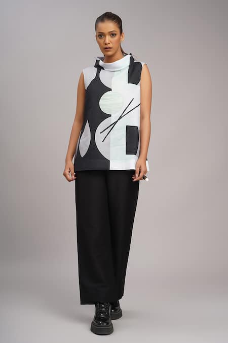 Buy_Taika By Poonam Bhagat_Black Silk Embroidery High , Cowl Mint Chopsticks Printed Top _Online_at_Aza_Fashions