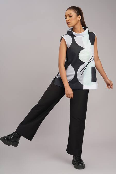 Shop_Taika By Poonam Bhagat_Black Silk Embroidery High , Cowl Mint Chopsticks Printed Top _Online_at_Aza_Fashions