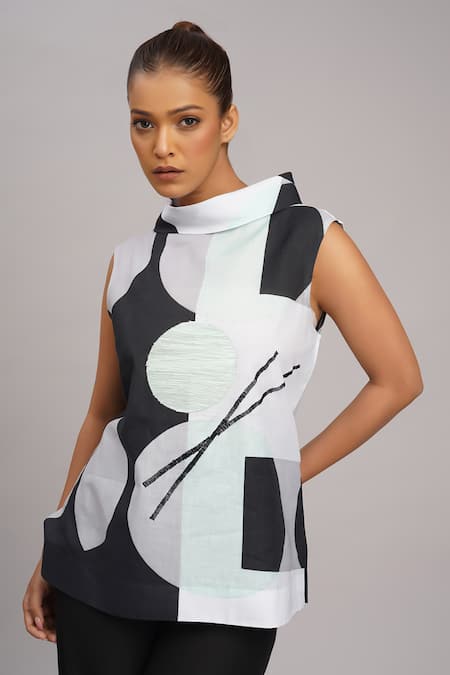 Taika By Poonam Bhagat_Black Silk Embroidery High , Cowl Mint Chopsticks Printed Top _at_Aza_Fashions