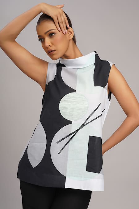 Buy_Taika By Poonam Bhagat_Black Silk Embroidery High , Cowl Mint Chopsticks Printed Top 