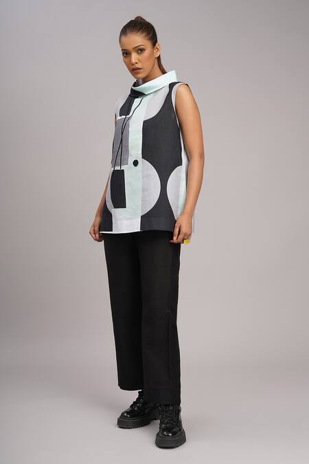 Buy_Taika By Poonam Bhagat_Black Silk Embroidery Collared, Cowl Neck Mint Retro Printed Top _Online_at_Aza_Fashions