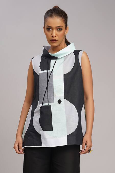 Shop_Taika By Poonam Bhagat_Black Silk Embroidery Collared, Cowl Neck Mint Retro Printed Top _Online_at_Aza_Fashions