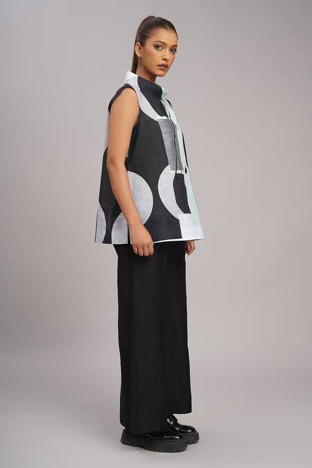Taika By Poonam Bhagat_Black Silk Embroidery Collared, Cowl Neck Mint Retro Printed Top _at_Aza_Fashions