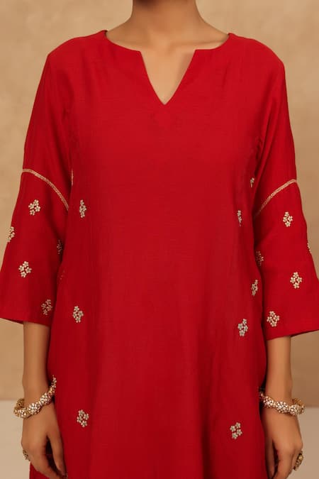 Charu Makkar Red Chanderi, Cotton Embroidery V-neck Kurta And Pant Set at Aza Fashions Charu Makkar_Red Chanderi, Cotton Embroidery V-neck Kurta And Pant Set _at_Aza_Fashions