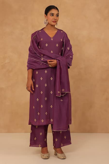 Shop_Charu Makkar_Purple Chanderi Embroidery V-neck Designer Kurta Set With Dupatta _Online_at_Aza_Fashions