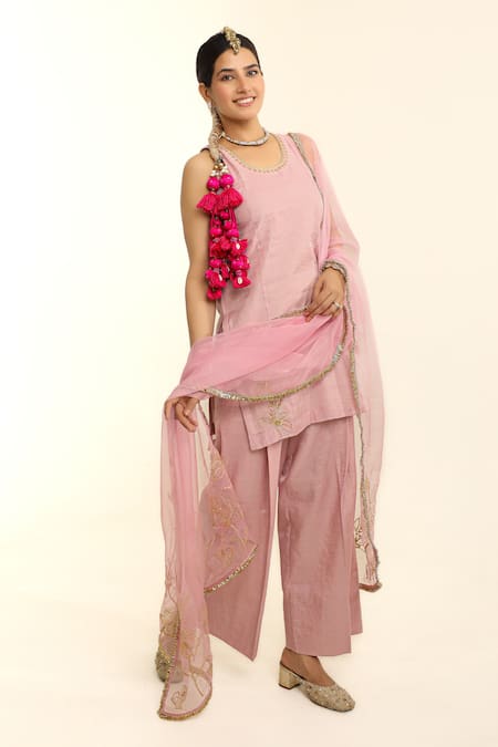 Buy_Charu Makkar_Blush Tissue, Chanderi, Organza Embroidery Round Neck Pink Kurta Set _Online_at_Aza_Fashions