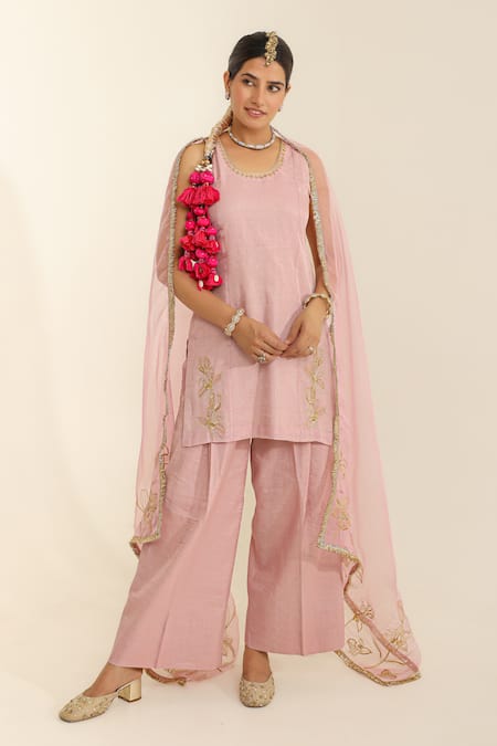 Shop_Charu Makkar_Blush Tissue, Chanderi, Organza Embroidery Round Neck Pink Kurta Set _Online_at_Aza_Fashions