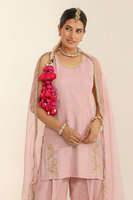 Buy_Charu Makkar_Blush Tissue, Chanderi, Organza Embroidery Round Neck Pink Kurta Set 