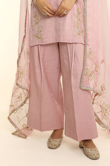Shop_Charu Makkar_Blush Tissue, Chanderi, Organza Embroidery Round Neck Pink Kurta Set 