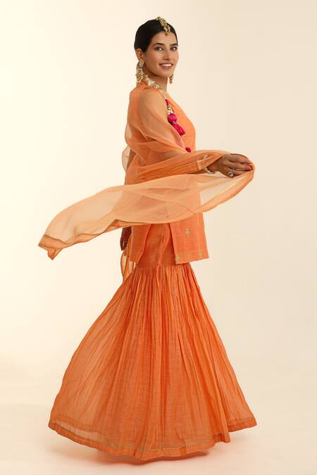 Charu Makkar_Orange Chanderi, Organza Embroidery Round Neck Kurta Gharara Set _Online_at_Aza_Fashions