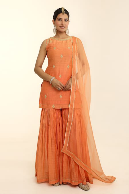 Buy_Charu Makkar_Orange Chanderi, Organza Embroidery Round Neck Kurta Gharara Set _Online_at_Aza_Fashions