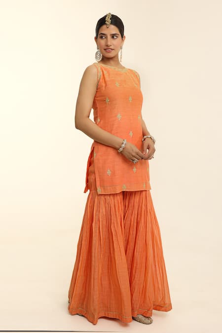 Shop_Charu Makkar_Orange Chanderi, Organza Embroidery Round Neck Kurta Gharara Set _Online_at_Aza_Fashions