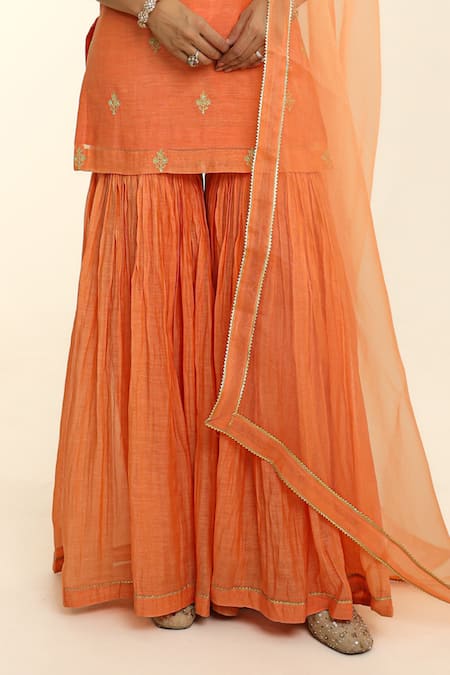 Charu Makkar Orange Chanderi, Organza Embroidery Round Neck Kurta Gharara Set at Aza Fashions Charu Makkar_Orange Chanderi, Organza Embroidery Round Neck Kurta Gharara Set _at_Aza_Fashions