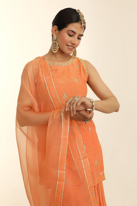 Buy_Charu Makkar_Orange Chanderi, Organza Embroidery Round Neck Kurta Gharara Set 