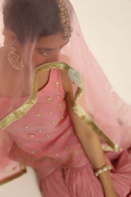 Charu Makkar_Pink Chanderi, Organza Embroidery, Sequins Round Rosepink Kurta Gharara Set _Online_at_Aza_Fashions