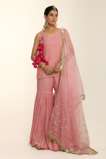 Shop_Charu Makkar_Pink Chanderi, Organza Embroidery, Sequins Round Rosepink Kurta Gharara Set _Online_at_Aza_Fashions