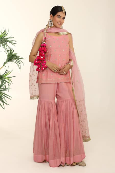 Shop_Charu Makkar_Pink Chanderi, Organza Embroidery, Sequins Round Rosepink Kurta Gharara Set 