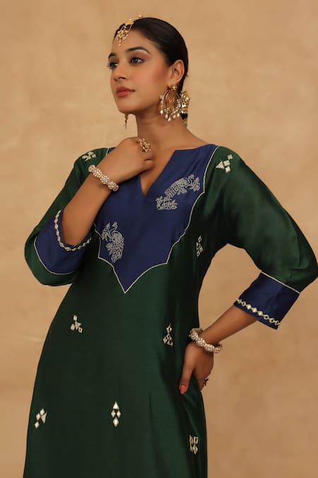 Shop_Charu Makkar_Green Silk, Chanderi, Cotton Embroidery V-neck Royal And Navy Blue Kurta Pant Set _Online_at_Aza_Fashions