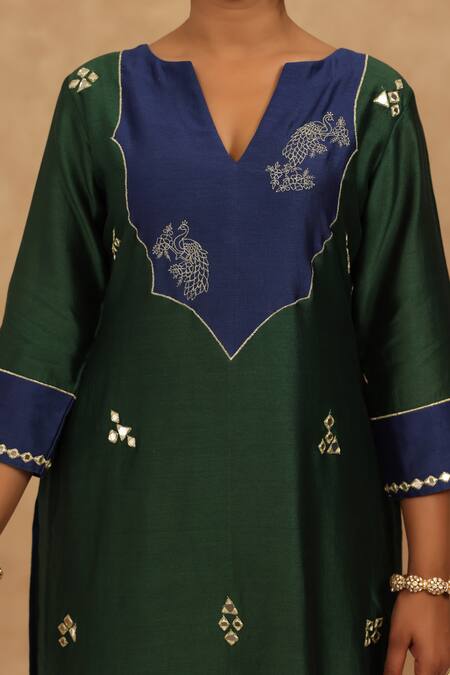 Shop_Charu Makkar_Green Silk, Chanderi, Cotton Embroidery V-neck Royal And Navy Blue Kurta Pant Set 