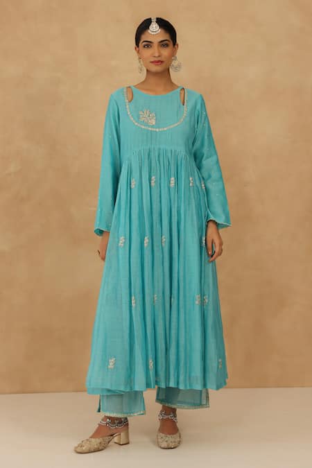 Charu Makkar_Teal Chanderi, Muslin, Cotton Embroidery Round Neck Anarkali Set _Online_at_Aza_Fashions