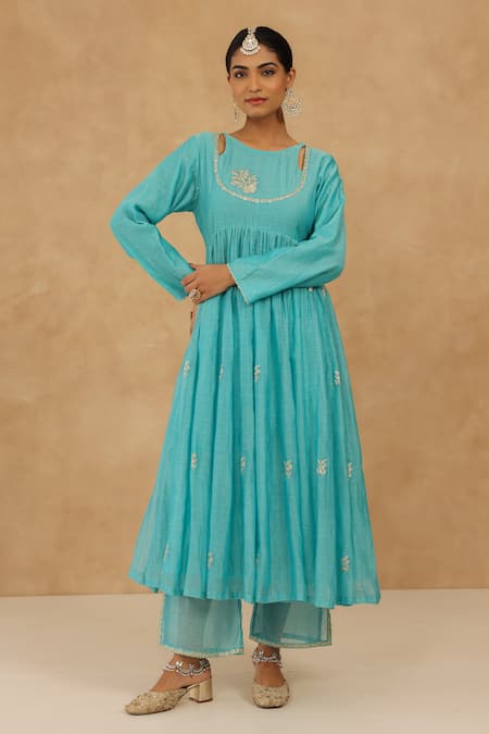 Buy_Charu Makkar_Teal Chanderi, Muslin, Cotton Embroidery Round Neck Anarkali Set _Online_at_Aza_Fashions