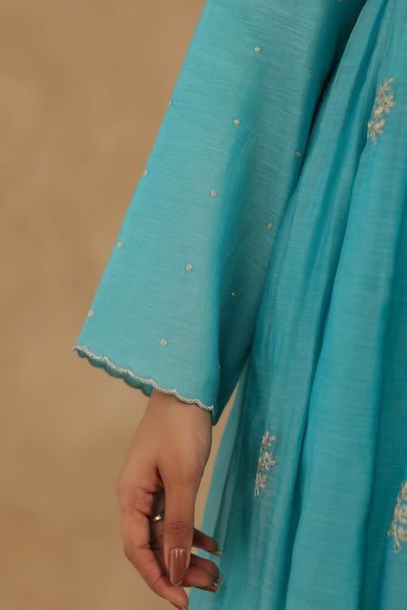 Shop_Charu Makkar_Teal Chanderi, Muslin, Cotton Embroidery Round Neck Anarkali Set _Online_at_Aza_Fashions