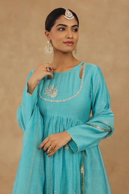 Charu Makkar_Teal Chanderi, Muslin, Cotton Embroidery Round Neck Anarkali Set _at_Aza_Fashions
