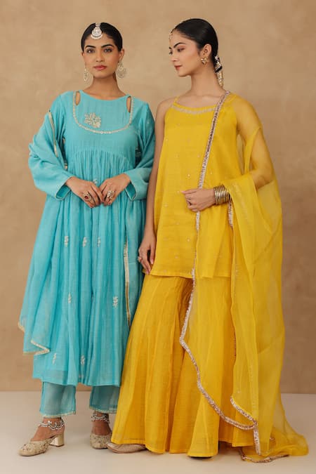 Buy_Charu Makkar_Teal Chanderi, Muslin, Cotton Embroidery Round Neck Anarkali Set 