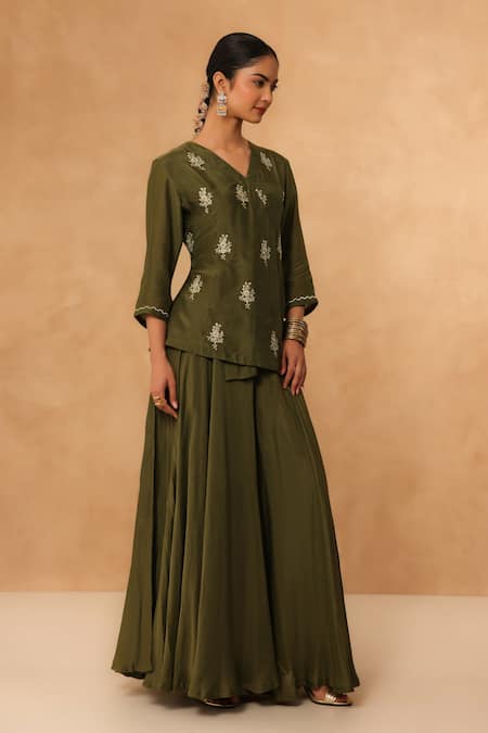 Shop_Charu Makkar_Olive Green Muslin Embroidery V-neck Kurta And Flared Pant Set _Online_at_Aza_Fashions
