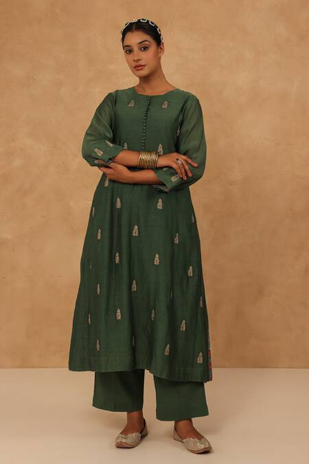 Shop_Charu Makkar_Olive Green Chanderi, Cotton Embroidery Round Neck Kurta And Pant Set _Online_at_Aza_Fashions