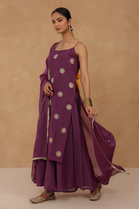 Shop_Charu Makkar_Purple Chanderi Embroidery Square Neck Kurta Set _Online_at_Aza_Fashions