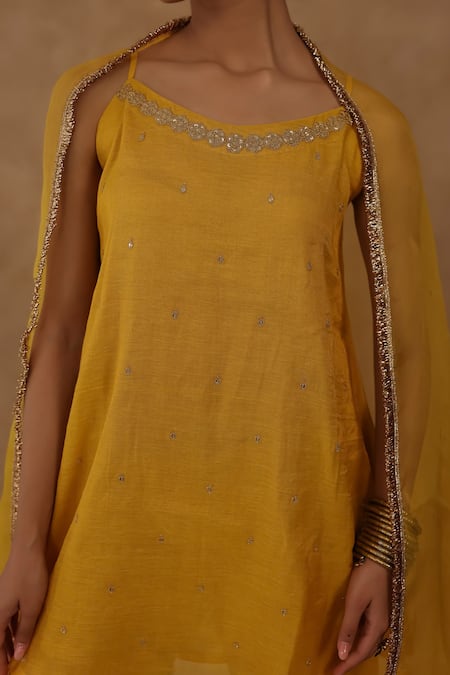 Charu Makkar_Aqua Chanderi, Organza, Tissue Sequins, Embroidery Round Mustard Kurta Set _Online_at_Aza_Fashions