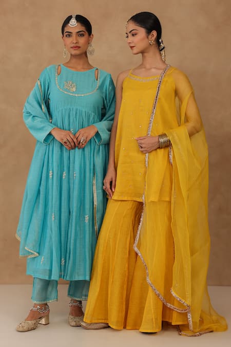 Buy_Charu Makkar_Aqua Chanderi, Organza, Tissue Sequins, Embroidery Round Mustard Kurta Set _Online_at_Aza_Fashions