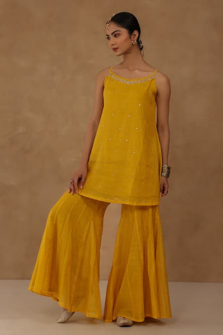 Shop_Charu Makkar_Aqua Chanderi, Organza, Tissue Sequins, Embroidery Round Mustard Kurta Set _Online_at_Aza_Fashions
