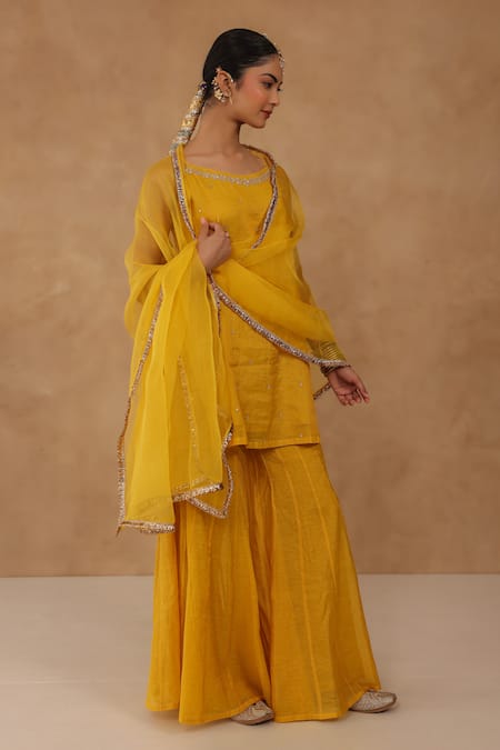 Charu Makkar_Aqua Chanderi, Organza, Tissue Sequins, Embroidery Round Mustard Kurta Set _at_Aza_Fashions
