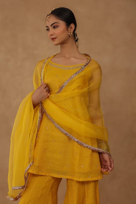 Buy_Charu Makkar_Aqua Chanderi, Organza, Tissue Sequins, Embroidery Round Mustard Kurta Set 