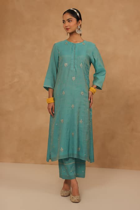 Charu Makkar Teal Chanderi, Tissue, Cotton Sequins, Embroidery Round Neck Kurta And Pant Set 