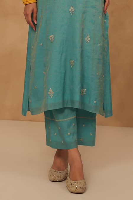 Charu Makkar_Teal Chanderi, Tissue, Cotton Sequins, Embroidery Round Neck Kurta And Pant Set _Online_at_Aza_Fashions