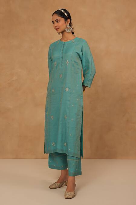 Buy_Charu Makkar_Teal Chanderi, Tissue, Cotton Sequins, Embroidery Round Neck Kurta And Pant Set _Online_at_Aza_Fashions