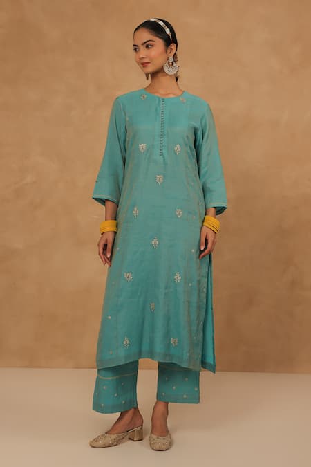 Shop_Charu Makkar_Teal Chanderi, Tissue, Cotton Sequins, Embroidery Round Neck Kurta And Pant Set _Online_at_Aza_Fashions