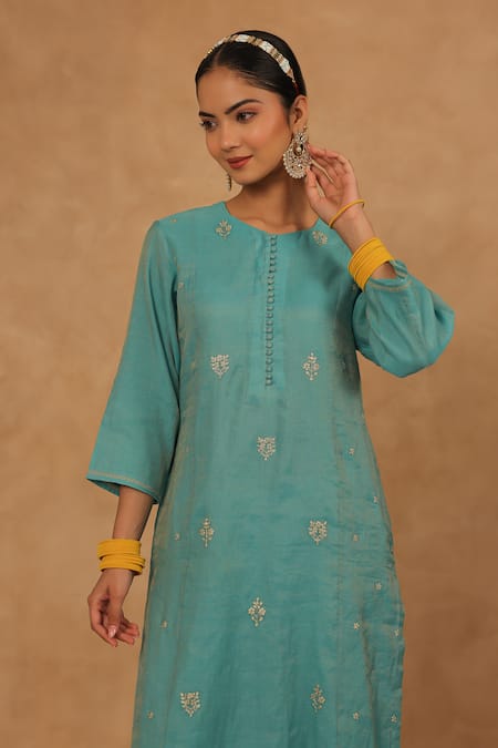 Charu Makkar_Teal Chanderi, Tissue, Cotton Sequins, Embroidery Round Neck Kurta And Pant Set _at_Aza_Fashions