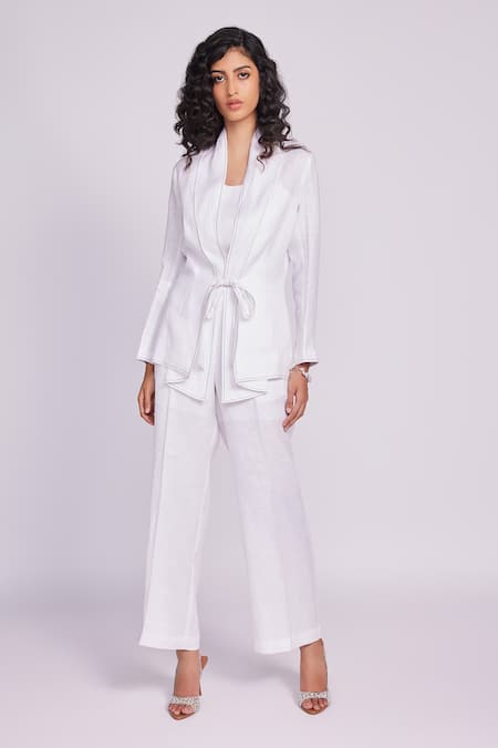 Dev And Viv White Linen Open Neck Designer Jacket Set 