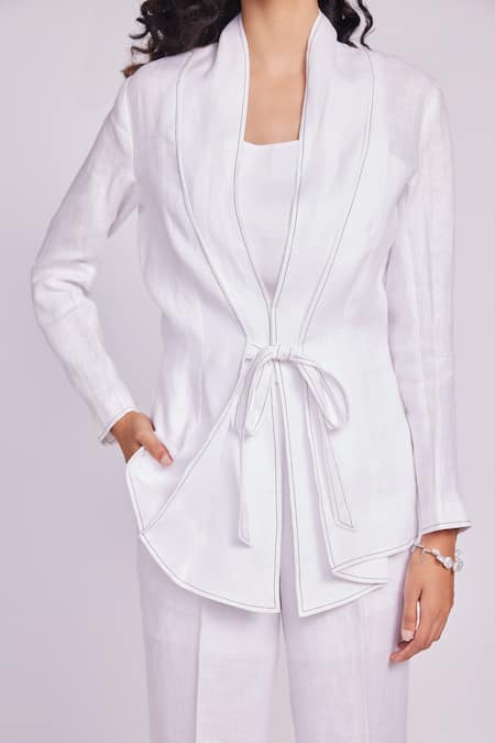 Dev And Viv_White Linen Open Neck Designer Jacket Set _Online_at_Aza_Fashions