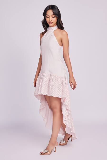 Buy Dev And Viv Pink Cotton Ruffles Halter Neck Blush Dress Online at Aza Fashions Buy_Dev And Viv_Pink Cotton Ruffles Halter Neck Blush Dress _Online_at_Aza_Fashions